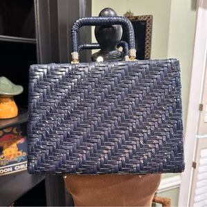 1950's Vintage Handmade Blue Wicker HandBag